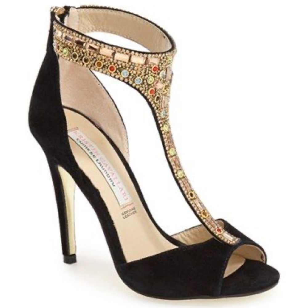 Kristin Cavallari 'Lena' crystal T-strap heels in black suede 🥂🔥💋